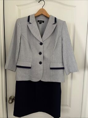 Light Gray Blazer with Navy Trim - Women's Tailored Suit Jacket